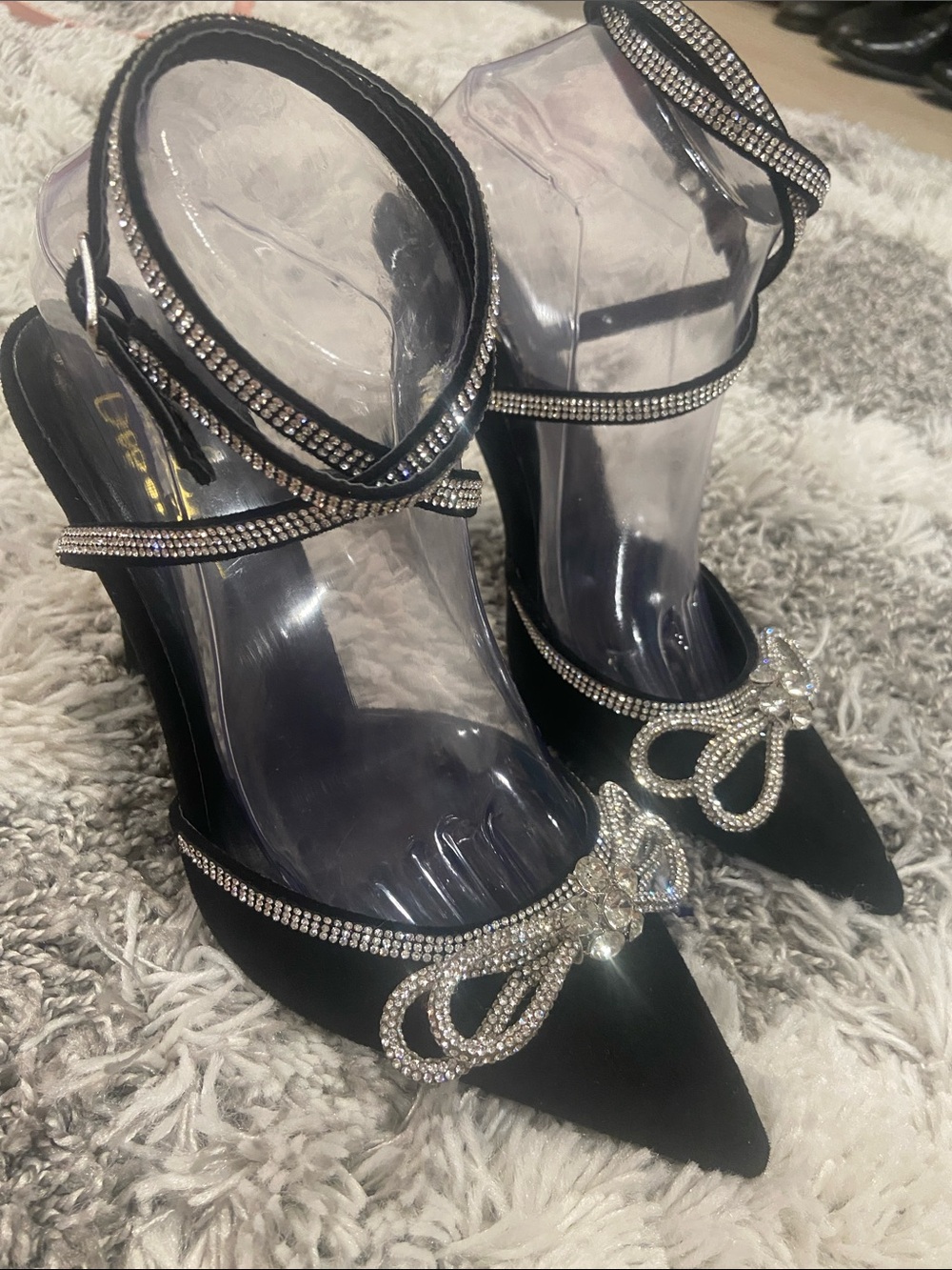 Lulu's Black Rhinestone Bow Pointed-Toe Ankle-Strap Heels size 8.5